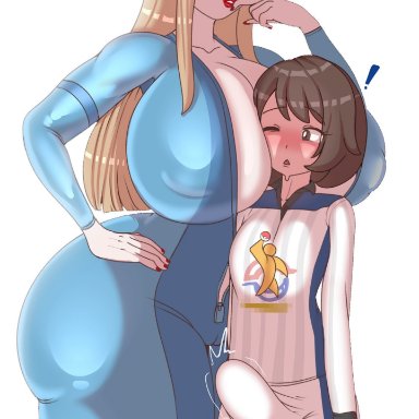 !, 1futa, 1girls, age difference, alternate breast size, alternate outfit, big ass, big breasts, blonde hair, blush, bodysuit, breasts frottage, breasts on head, brown eyes, brown hair