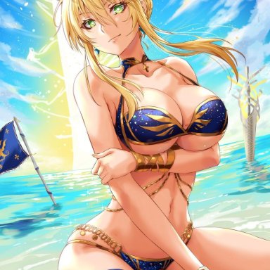 1girls, anklet, arm under breasts, artoria pendragon (all), artoria pendragon (lancer), bangs, bare shoulders, belly chain, big breasts, bikini, blonde hair, blue bikini, bracelet, breast hold, breasts