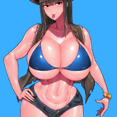 bikini top, brown hair, cleavage, curvy, female, hat, huge breasts, long hair, looking at viewer, original, original character, shorts, skimpy clothes, thick thighs, tongue out