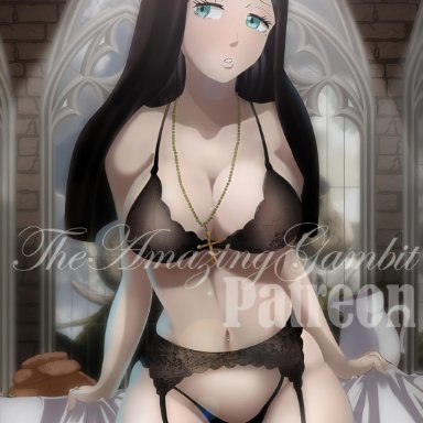 big breasts, black bra, black clover, black hair, black panties, blue eyes, bra, breasts, cleavage, cross necklace, lingerie, nun, panties, sister lily, small panties