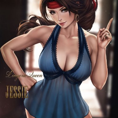 babydoll, big breasts, blue lingerie, breasts, brown eyes, brown hair, cleavage, dandon fuga, final fantasy, final fantasy vii, final fantasy vii remake, hairband, jessie rasberry, large breasts, lingerie