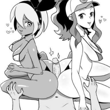 1boy, 2girls, ass, bea (pokemon), big ass, big butt, big penis, bikini, breasts, buttjob, bwc, cap, dark skin, dark-skinned female, erect nipples