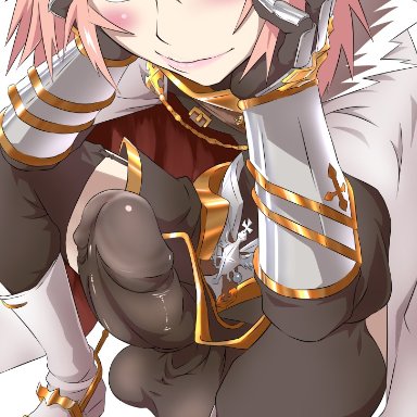 1boy, androgynous, armor, astolfo, astolfo (fate), balls, big balls, big penis, black thighhighs, blushing, boots, clothed male, erection, erection under clothes, eye contact