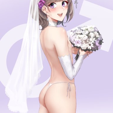 ass, bouquet, bride, choker, elbow gloves, femboy, girly, ikemeru19, looking at viewer, looking back, side tie panties, tagme, thighhighs, thong, topless