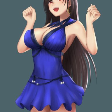 accessories, alternate costume, belt, between breasts, big breasts, blue dress, blush, bow, brown hair, cleavage, dress, earring, erect nipples, excited, final fantasy