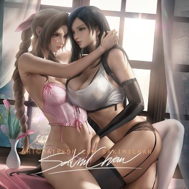 2girls, aerith gainsborough, black hair, blush, blushing, brown hair, bustier, eye contact, female only, final fantasy, final fantasy vii, final fantasy vii remake, green eyes, masturbating, masturbation