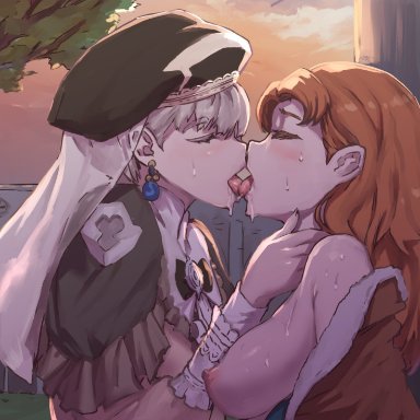 2girls, annette (fire emblem), big breasts, blonde hair, blush, breasts, closed eyes, clothed, earrings, female only, fire emblem, fire emblem: three houses, french kiss, kissing, long hair