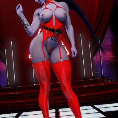 3d, belt, big ass, big breasts, blizzard entertainment, female only, garter belt, lingerie, muscles, nipple pierced, overwatch, overwatch 2, red lingerie, red stockings, solo