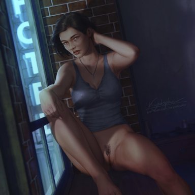 barefoot, black hair, bottomless, jill valentine, krysdecker, pubic hair, pussy, resident evil, short hair, tank top, vagina