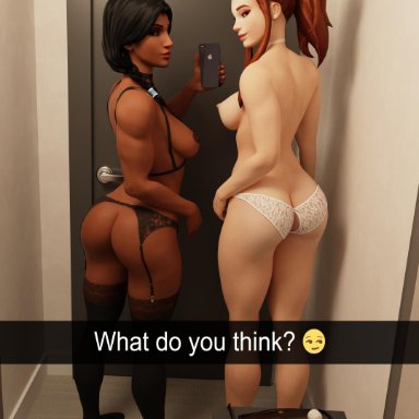 2girls, ass, brigitte, dark-skinned female, dressing room, garter belt, large ass, lingerie, looking at viewer, overwatch, panties, pharah, ponytail, red hair, selfie