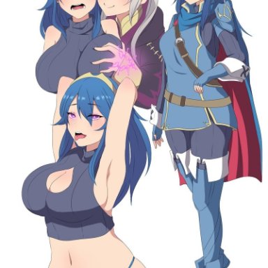 armpits, arms above head, big breasts, black eyebrows, blue eyes, blue hair, blush, boots, breast grab, breasts, cape, cleavage, corruption, femdom, femsub