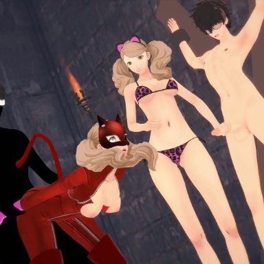 2boys, 2girls, akira kurusu, animated, ann takamaki, atlus, bikini, blonde hair, bodysuit, bouncing breasts, breasts outside, clothed female nude male, creampie, cum, cum everywhere