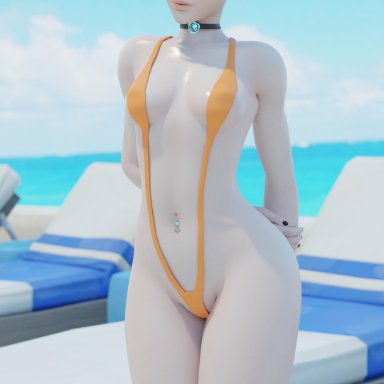 3d, arm behind back, beach, bikini, brown hair, choker, female, female only, navel piercing, nemesis 3d, overwatch, revealing clothes, shy, sunglasses, thick thighs