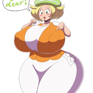 1girls, aged up, alternate breast size, bianca (pokemon), big ass, big breasts, blonde hair, blush, chubby, clothed, dress, green eyes, hat, huge ass, huge breasts