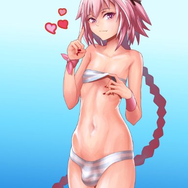 1boy, abs, absurd res, androgynous, astolfo, astolfo (fate), balls in panties, bulge, eye contact, fate (series), fate/grand order, femboy, flat chest, girly, heart