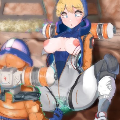 2girls, apex legends, blonde hair, blue eyes, breasts, wattson (apex legends)