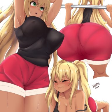 > <, 1girls, 2019, abs, armpits, big ass, big breasts, blonde hair, blush, cameltoe, dated, dumbbell, dumbbell nan kilo moteru?, erect nipples under clothes, female