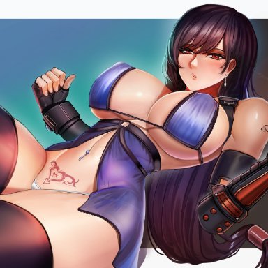 1girls, badcompzero, big breasts, breasts, cleavage, female, female only, final fantasy, final fantasy vii, large breasts, looking at viewer, solo, thighhighs, tifa lockhart