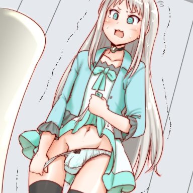 :3, 1boy, androgynous, aqua eyes, balls in panties, blend s, choker, clothed, dokuna, dress lift, femboy, flat chest, gray hair, hair ribbon, kanzaki hideri