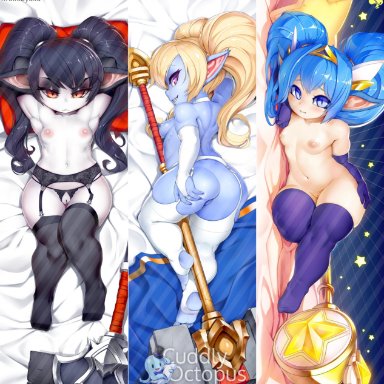 3girls, animal ears, arched back, ass, back, black gloves, black hair, black legwear, black panties, blonde hair, blue eyes, blue hair, breasts, bridal gauntlets, choker