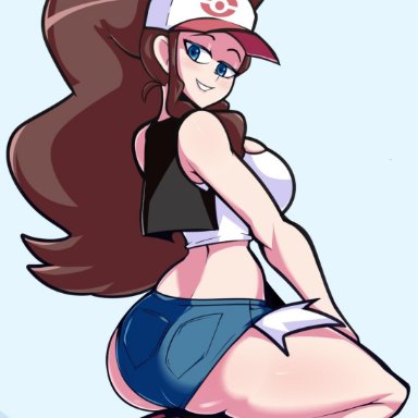 1girls, aged up, alternate breast size, ass, big ass, big breasts, blue eyes, boots, breasts, brown hair, eye contact, half-closed eyes, hat, hilda (pokemon), huge thighs