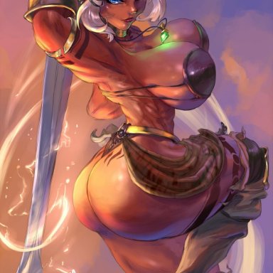 armor, bikini armor, blue eyes, cleavage, cutesexyrobutts, dark skin, dat ass, elf, elf ears, female, female warrior, fillia einhart, huge ass, huge breasts, muscular female