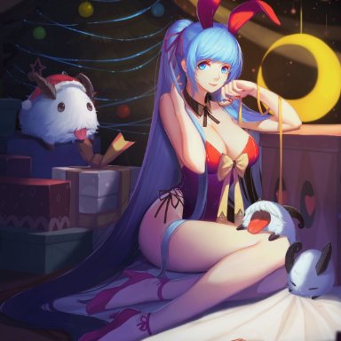 blue eyes, blue hair, bunny ears, bunny girl, christmas, cleavage, cookie, high heels, league of legends, legs, long hair, poro, presents, ribbon, smile