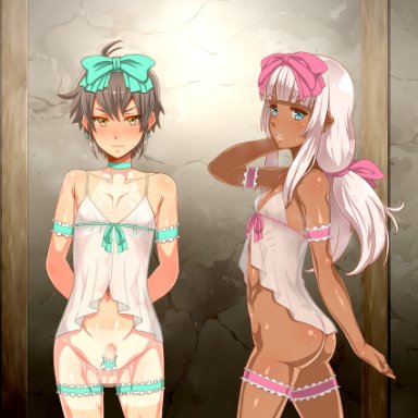 2boys, dark-skinned male, enoshima iki, femboy, looking at viewer, tanlines, trap