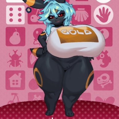 1girls, alternate color, animal crossing, anthro, anthrofied, big breast, big ears, black fur, black sclera, blue hair, bottomless, breasts, canine, card, chubby