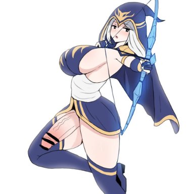 ashe (league of legends), big breasts, big penis, black eyes, breasts, breasts out of clothes, brush, cape, censored, clothing, curvy figure, dickgirl, futanari, gun, league of legends