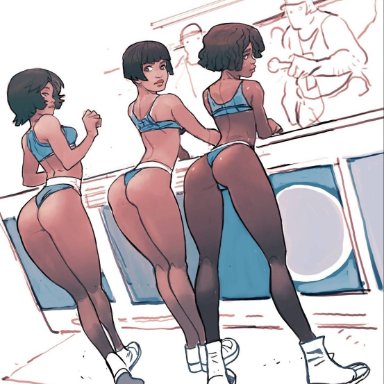 3girls, ass, booty shorts, dark skin, female, female only, full body, jjfrenchie, looking back, multiple girls, short hair, sports bra, standing