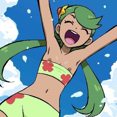 1girl, arms up, bikini, closed eyes, clouds, dark skin, dark-skinned female, floral print, gomatarou, green hair, happy, long hair, mallow (pokemon), nipple slip, nipples