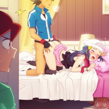 2boys, 2girls, ass, bare shoulders, beanie, bed, being watched, black legwear, blush, bracelet, closed eyes, clothed sex, clothing, covering mouth, dawn (pokemon)