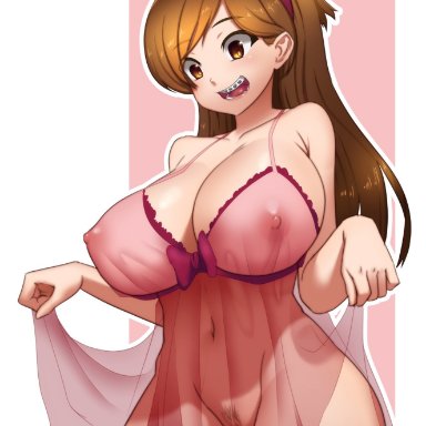 1girls, aged up, areolae, big breasts, bottomless, braces, breasts, female, female only, gravity falls, mabel pines, navel, nipples, no bra, oppaihobby