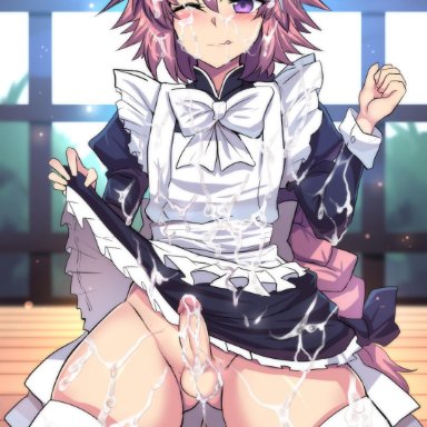 1boy, absurd res, androgynous, astolfo, astolfo (fate), balls, blush, bottomless, bukkake, crossdressing, cum, cum everywhere, cum on body, cum on clothes, cum on face