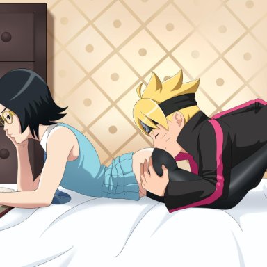 1boy, 1girls, ass, ass grab, black clothing, black hair, blonde hair, boruto: naruto next generations, closed eyes, glasses, master chimichurri, masturbation, naruto, naruto (series), reading