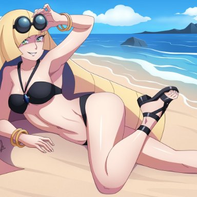 1girls, abs, alternate breast size, alternate outfit, armpits, ass, beach, belly, big breasts, bikini, black bikini, blonde hair, bracelet, breasts, cleavage