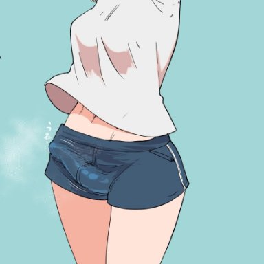 10s, absurdres, aomushi (mushamusha), bangs, blue background, brown eyes, brown hair, bulge, female, futanari, girls und panzer, gym shirt, gym shorts, gym uniform, highres