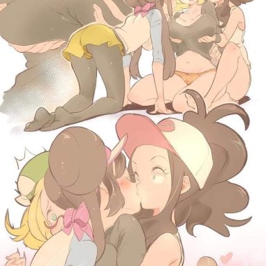 bianca (pokemon), cap, chorimokki, cute, female, hilda (pokemon), human, pantyhose, pokemon, pokemon bw, pokemon bw2, rosa (pokemon), shoes, yuri