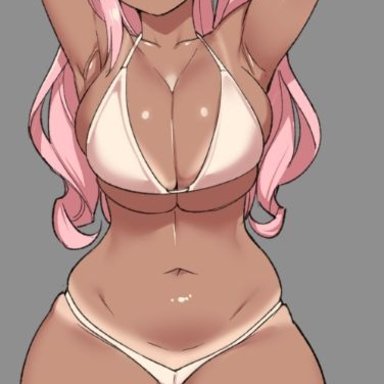 1girls, big breasts, bra, breasts, cleavage, dark-skinned female, female, female only, large breasts, panties, pink hair, ryo agawa, solo, tanline, thick thighs