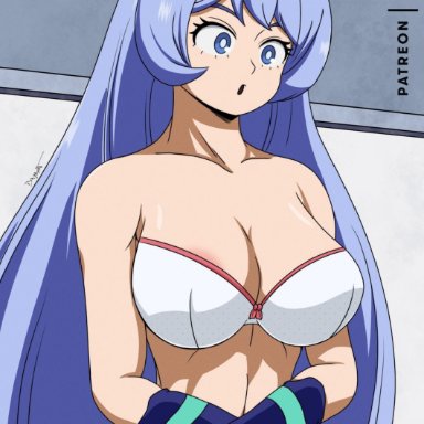 :o, big breasts, blue eyes, blue hair, bra, bryaxrt, cleavage, female, female only, hadou nejire, long hair, my hero academia, nipples, nipples visible through clothing, solo