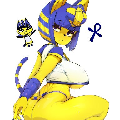 1girls, alternate breast size, alternate eye color, alternate outfit, animal crossing, ankha, anthro, ass, belly, big ass, big breasts, blue fur, blue hair, blue nails, breasts