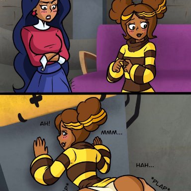 against wall, anus, bee, bumblebee (dc), captaintaco2345, dc, dc comics, dc super hero girls, diana prince, from behind, futa on female, futanari, karen beecher, panties, panties aside