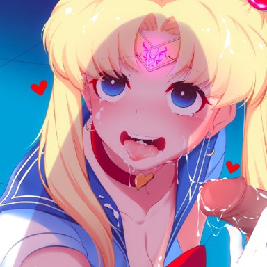 @ @, absurdres, after fellatio, bangs, bishoujo senshi sailor moon, blonde hair, blue eyes, blue sailor collar, blush, bow, breasts, choker, circlet, cleavage, collarbone