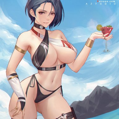 azto dio, big breasts, bikini, blue hair, female, female only, fire emblem, fire emblem: three houses, nintendo, purple eyes, shamir (fire emblem), shamir nevrand, short hair, solo, solo female