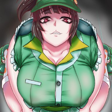 big breasts, biting lip, brown hair, fang, hat, heart-shaped pupils, honeydew mei, hukiguni, kneeling, large breasts, looking at viewer, mei (overwatch), overwatch, ponytail, shorts