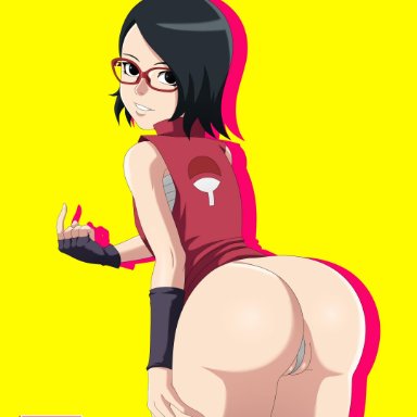 1girls, ass, big ass, black eyes, black hair, boruto: naruto next generations, bottomless, clothing, female, female only, glasses, looking at viewer, looking back, master chimichurri, naruto