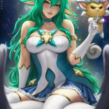 1girls, alternate costume, big breasts, breasts, cleavage, female, large breasts, league of legends, looking at viewer, sciamano240, solo focus, soraka, star guardian series, star guardian soraka, thighhighs