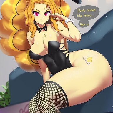 adagio dazzle, ass, big ass, blonde hair, breasts, bunny ears, bunny girl, cutie mark, equestria girls, fishnets, my little pony, senria, sitting, talking to viewer, thick thighs