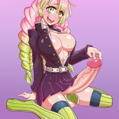 1futa, balls, big breasts, big penis, braided hair, dickgirl, futanari, green eyes, green hair, kanroji mitsuri, kimetsu no yaiba, long hair, looking at viewer, no bra, no panties